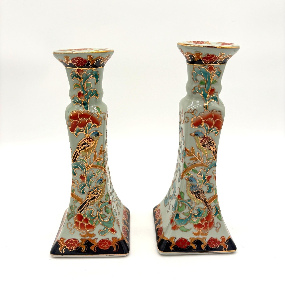Vintage Chinoiserie Bird Floral Ceramic Candlestick Holders Gold Gilded Pair 8"